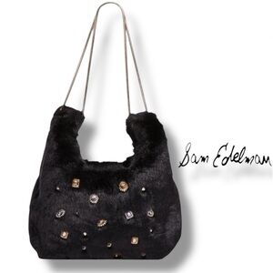 Sam Edelman Black Faux Fur Shoulder Bag with Jewel Accents